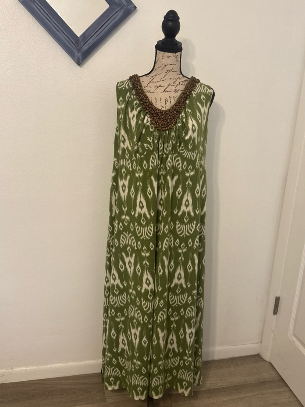 Just My Size Green and White Ikat Sleeveless Maxi Dress with Beaded Neckline